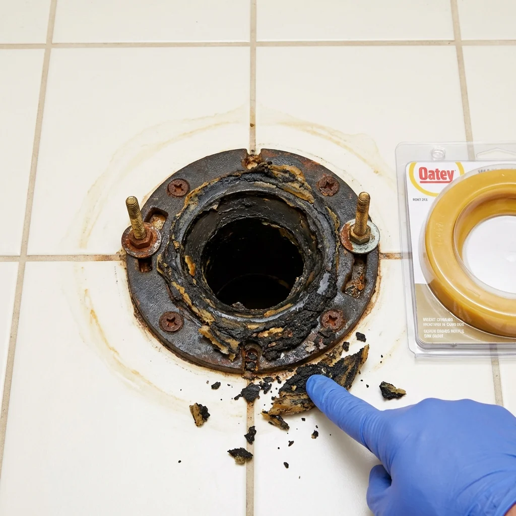 Failed wax ring showing water seepage at the base of a toilet in a Carmel, ME home