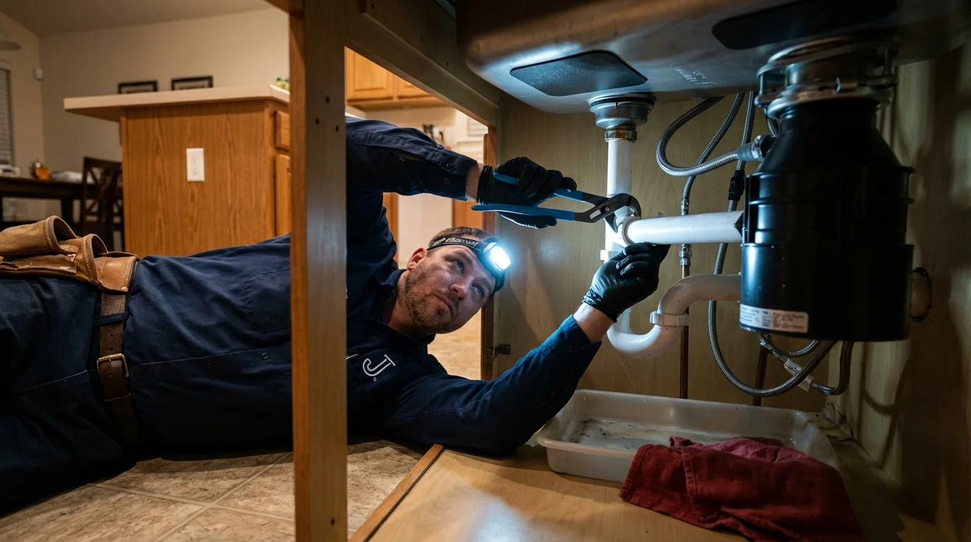 P-trap and supply line connections under a kitchen sink showing a common leak point in Carmel, ME